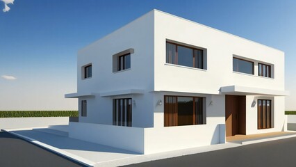 Modern two-story white house with minimalist design and clear blue sky.