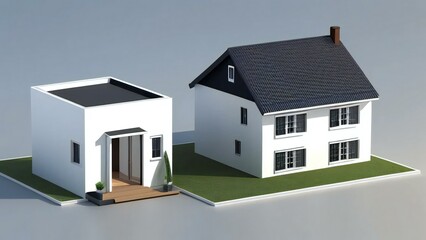 3D rendering of two modern houses with contrasting architectural styles on a neutral background.
