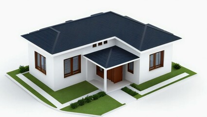 Modern single-story house with a dark roof and white walls, featuring a green lawn on an isolated white background.