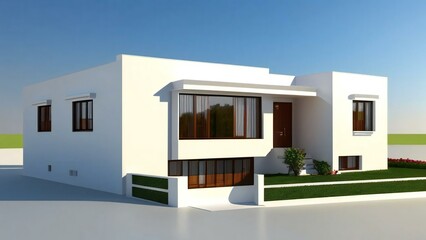 Modern single-story house with large windows and a flat roof, featuring a minimalist design against a clear sky.