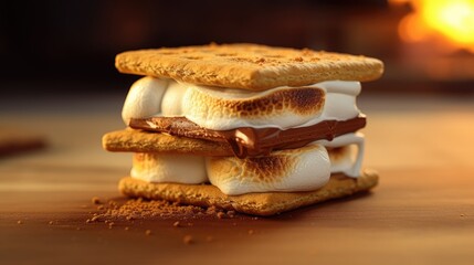 Stack of delicious cookies with marshmallow and chocolate on table - obrazy, fototapety, plakaty