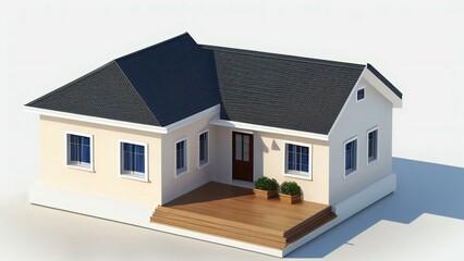 3D rendering of a modern suburban house with a wooden deck, isolated on a white background.