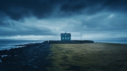 Fototapeta na wymiar Lone blue fishing house stands on remote coastal landscape 