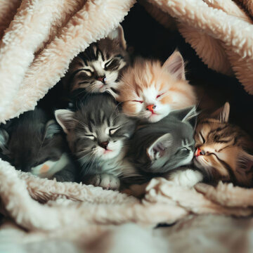 A group of adorable kittens cuddled up together