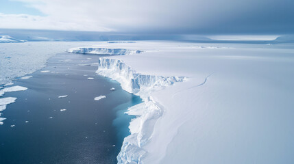 Ice floe landscape wide view with a quiet blue ocean and a large ice pieces zone with a cloudy sky