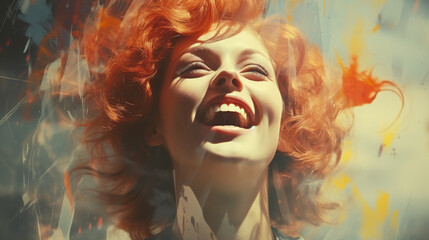 Portrait of a Beautiful laughing young Woman with closed eyes and red hair in the typical 1970s colors style