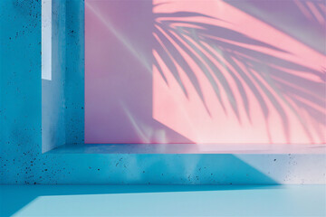 Product showroom. Realistic blurred natural light leaves, palm shadow on wall texture. Mockup product presentation background. Minimal wall scene. Stage showcase, product display.