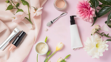 Top view of a Presentation of some beauty products without brand with some flowers and a soft light on a pink and peach background