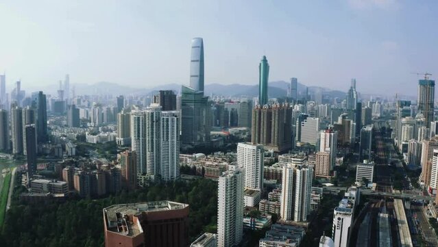 Drone view of downtown cityscape in Shenzhen, China (Daytime)