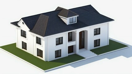 3D rendering of a modern two-story house with a white facade and dark roof on an isolated background.