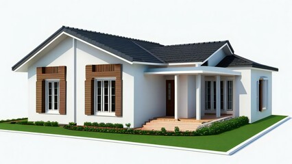 Modern single-story house with a blue roof and white walls, 3D rendering isolated on white background.