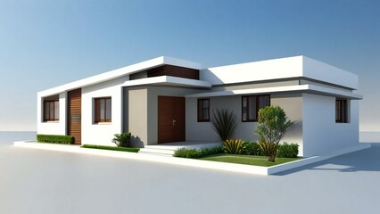 Modern single-story house with flat roof, white and wooden facade, and green landscaping.