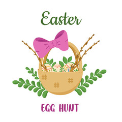 Vector color card with Easter eggs in a basket with a bow in the leaves. Easter egg hunt invitation template on white background.