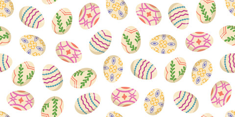 Vector seamless banner with Easter painted eggs. Color illustration of an egg hunt. Happy spring holiday background.