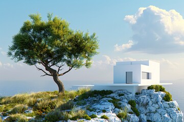 a white building on a rocky hill with a tree - Powered by Adobe