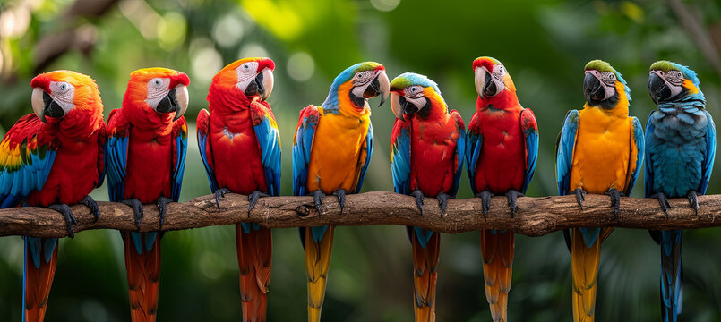A lots of bright parrots on the branch, banner, green bokeh background