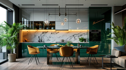 Contemporary interior design featuring a green kitchen - obrazy, fototapety, plakaty