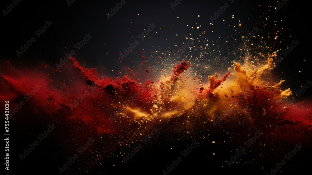 Poster an explosive burst of vibrant red and yellow powders captured in mid-air, creating an intense and dy