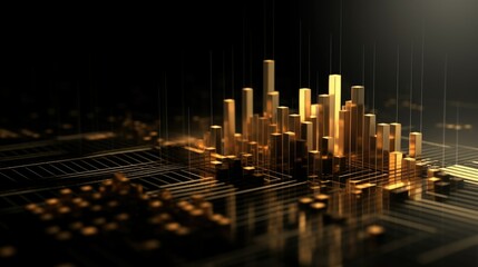 Abstract Financial Growth Bars in Gold Tones. Digital abstract image representing financial growth and data analysis with rising golden bars on a grid, symbolizing stock prices or market trends
