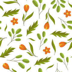 Seamless vector illustration of Spring Flowers and Leaves. Colored Spring wallpaper on a white background.