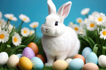 Obraz premium Cute Easter bunny with colorful easter eggs on green grass with spring flowers background