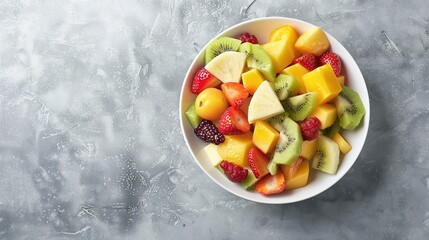 Healthy fresh fruit salad in a bowl on a gray background. ,generative ai,  - obrazy, fototapety, plakaty