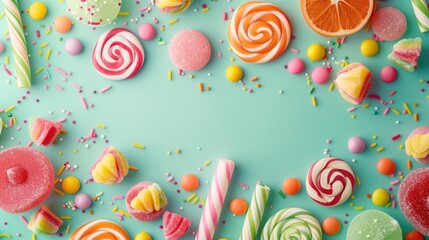 Colorful candies pastel green background
