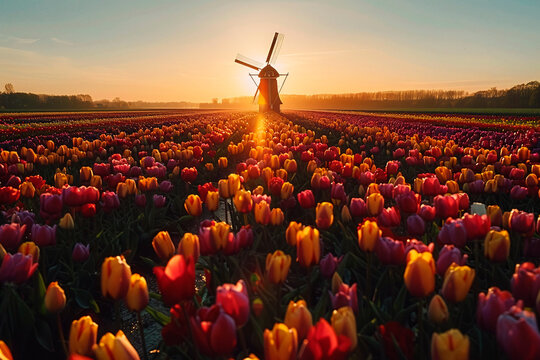 Fototapeta tulip field and windmill