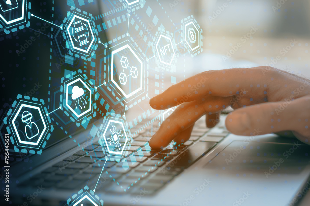 Poster close up of businessman hand using laptop keyboard with creative glowing cryptocurrency hologram on 