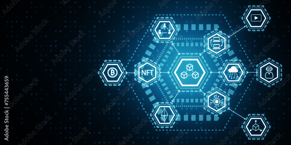 Poster creative glowing cryptocurrency hologram on dark backdrop. online banking and financial communicatio