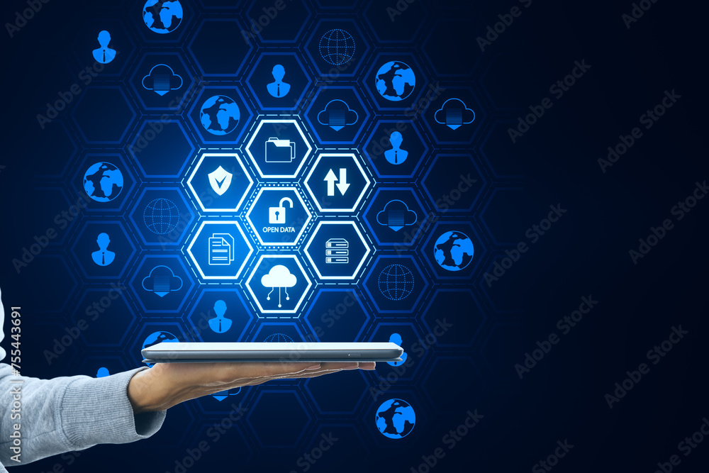 Poster Close up of female hand holding smartphone with creative open data hexagonal hologram on dark blue background with mock up place. Data management and innovation concept.