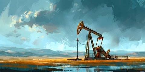 Foto op Plexiglas A painting of a desert landscape with three oil wells in the foreground. The sky is blue and the mountains in the background are covered in clouds © MAJGraphics