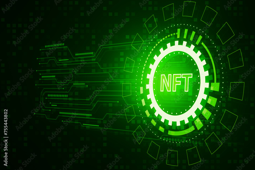 Aufkleber Creative round nft hologram on digital green circuit background. Non-fungible token and digital blockchain artwork concept. 3D Rendering.