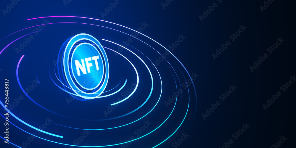 Aufkleber Creative round nft hologram on digital blue backdrop. Non-fungible token and digital blockchain artwork concept. 3D Rendering.