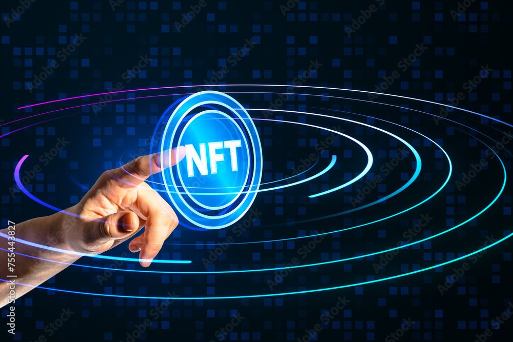 Poster close up of man hand pointing at creative round nft hologram on digital blue background. non-fungibl