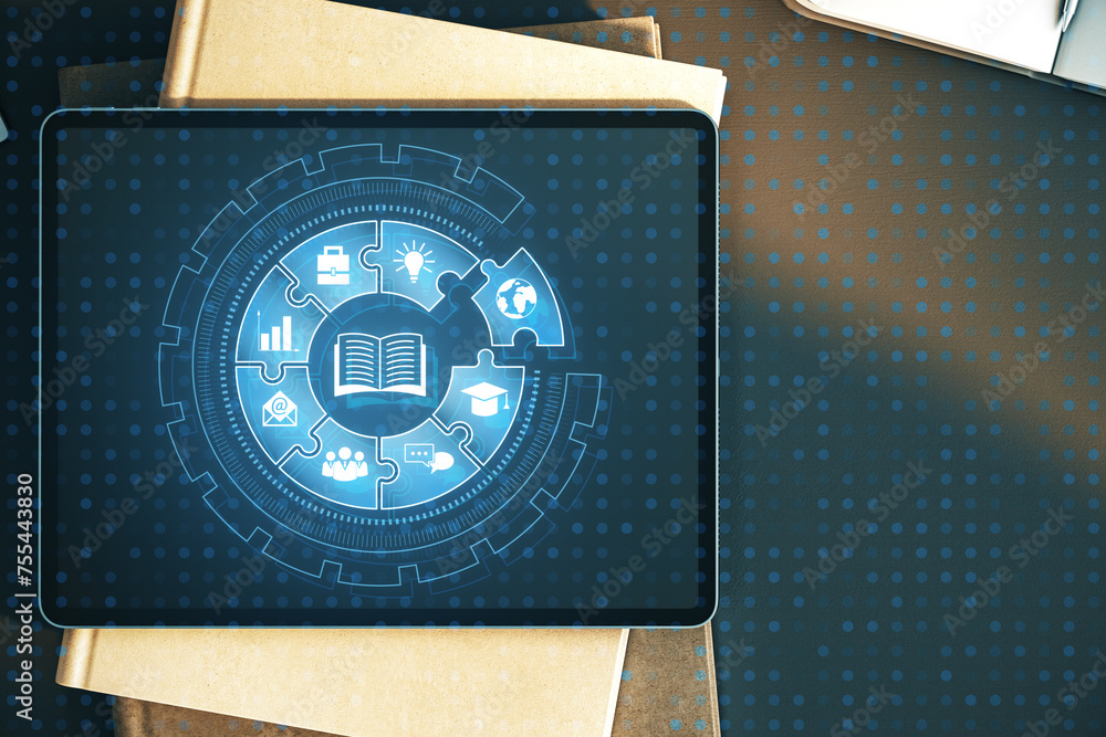 Poster Top view of tablet with creative digital round puzzle educational hologram on office desk background. Microlearning and gamification concept. 3D Rendering.