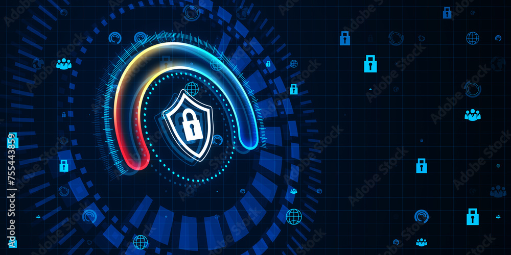 Poster creative glowing round padlock shield hologram on blurry blue backdrop. digital safety, protections 