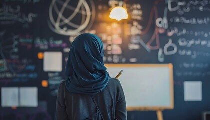 Muslim students in front of a blackboard are looking for ideas, with a lamp above the students symbolizing an idea emerging