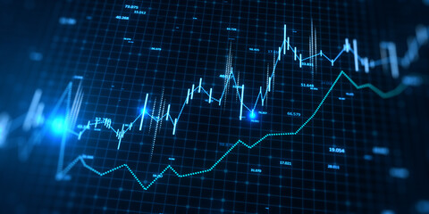 Dynamic stock market tracker with glowing graphs on dark interface. Investment and technology concept. 3D Rendering