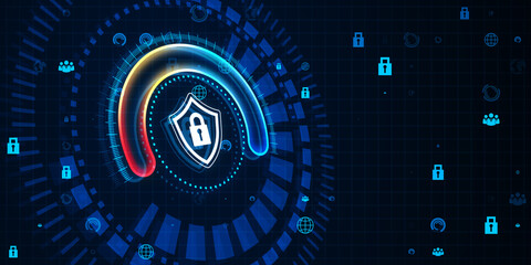 Creative glowing round padlock shield hologram on blurry blue backdrop. Digital safety, protections and web concept. 3D Rendering.