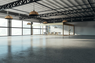 Light concrete spacious glass meeting room interior with panoramic window and city view. 3D Rendering.