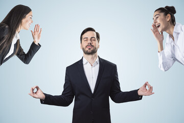 Young man dealing with bullying at workplace on white background. Attractive european businessmen...