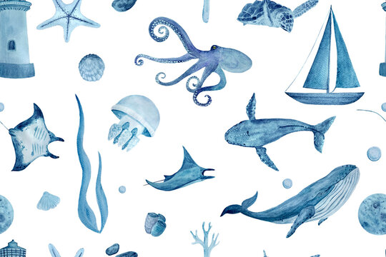 Watercolor hand-drawn blue monochromatic seamless pattern isolated on white. Whales, manta rays, shells, starfish, jellyfish and octopus