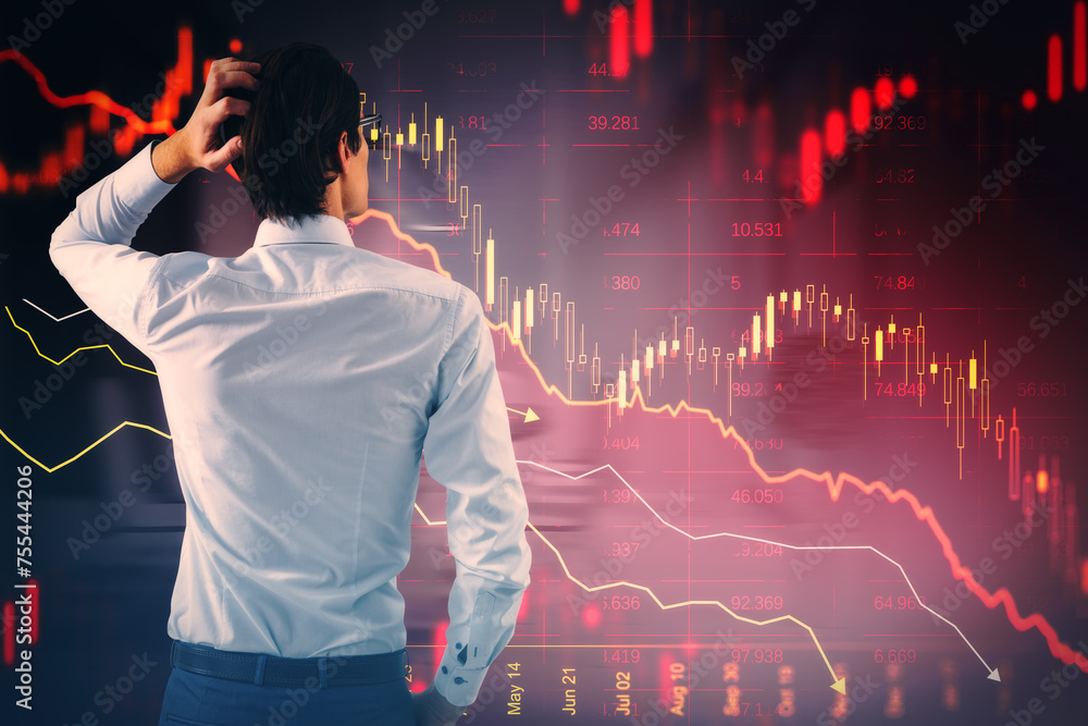 Poster back view of stressed young european man with abstract downward red forex chart on blurry background