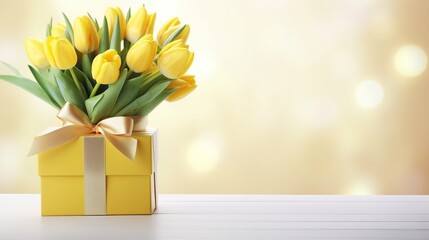 Gift box with ribbon and bouquet of yellow tulips on a table.