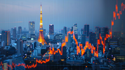 Tokyo Japan business skyline with stock exchange trading chart double exposure, Asia trading stock market digital concept - obrazy, fototapety, plakaty