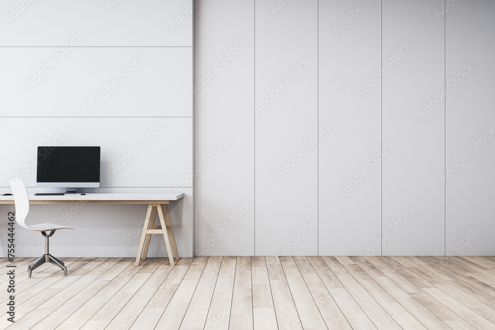 Poster clean minimalistic white interior with workplace and computer monitor, mock up place on wall and woo