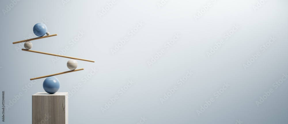 Poster abstract 3d artwork of wooden rods and spheres in balance. conceptual equilibrium on blue background