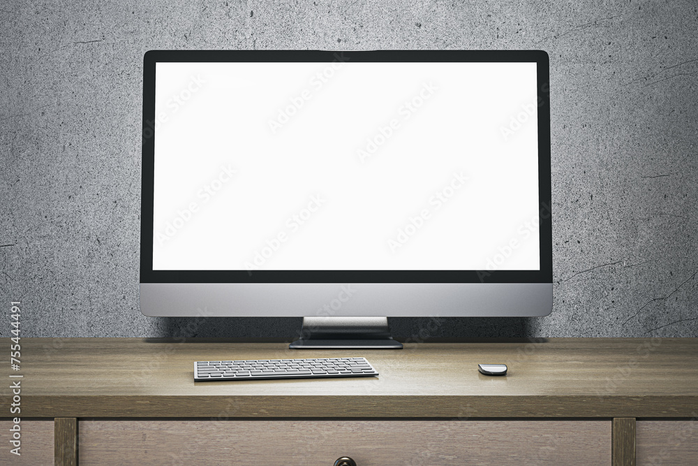 Poster modern minimalistic designer office interior with blank white computer monitor. mock up, 3d renderin