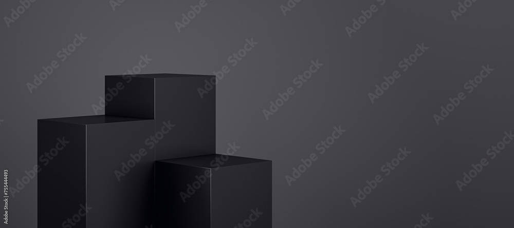 Poster black geometric block pedestal on wide dark background with mock up place. 3d rendering.